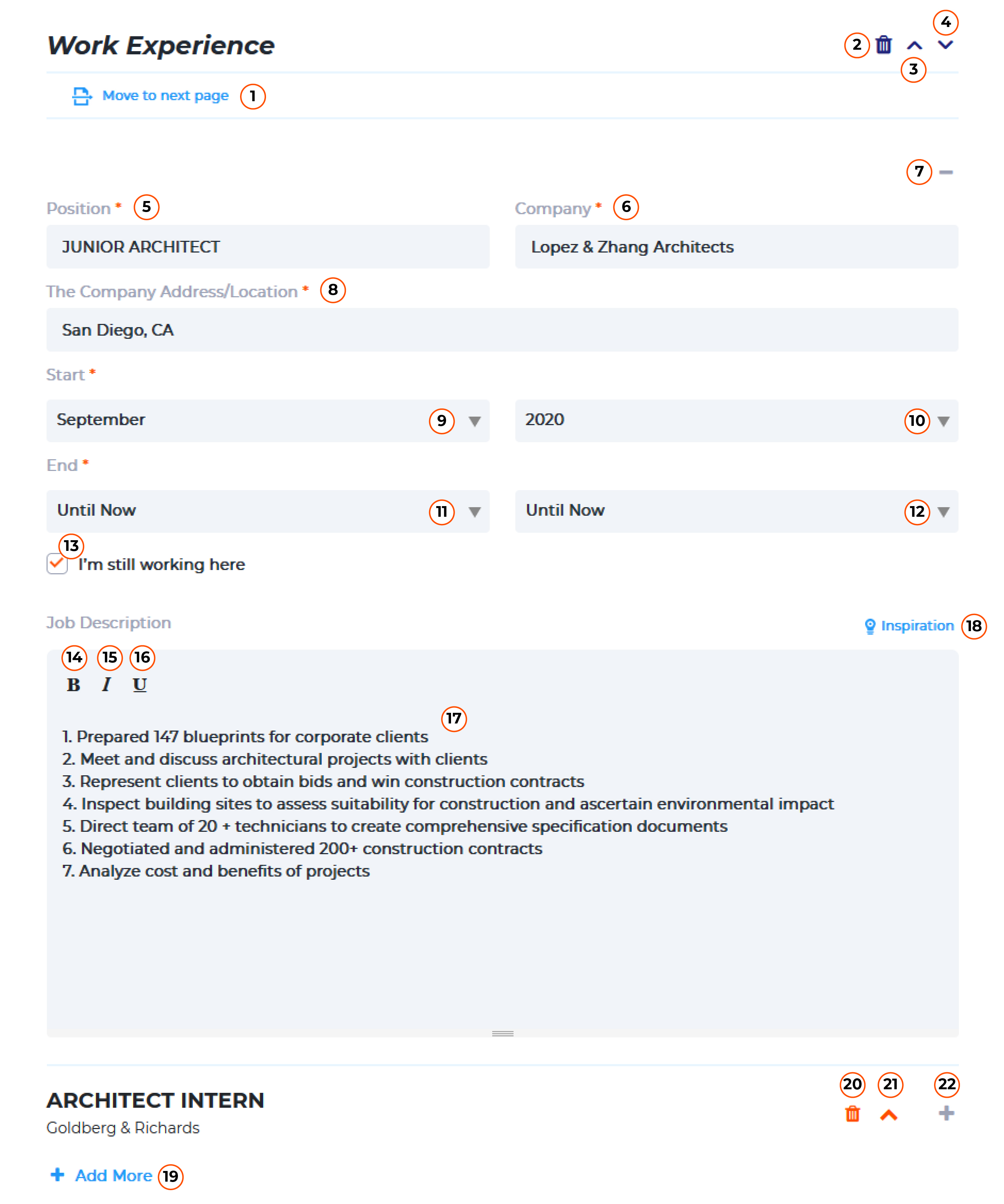 fill in work experience form